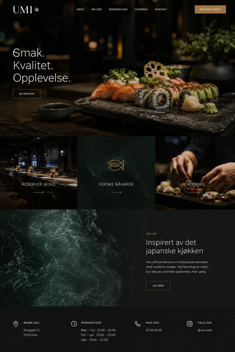 Forsiden til demosiden UMI: mørk restaurantside med meny, reservasjon og catering.